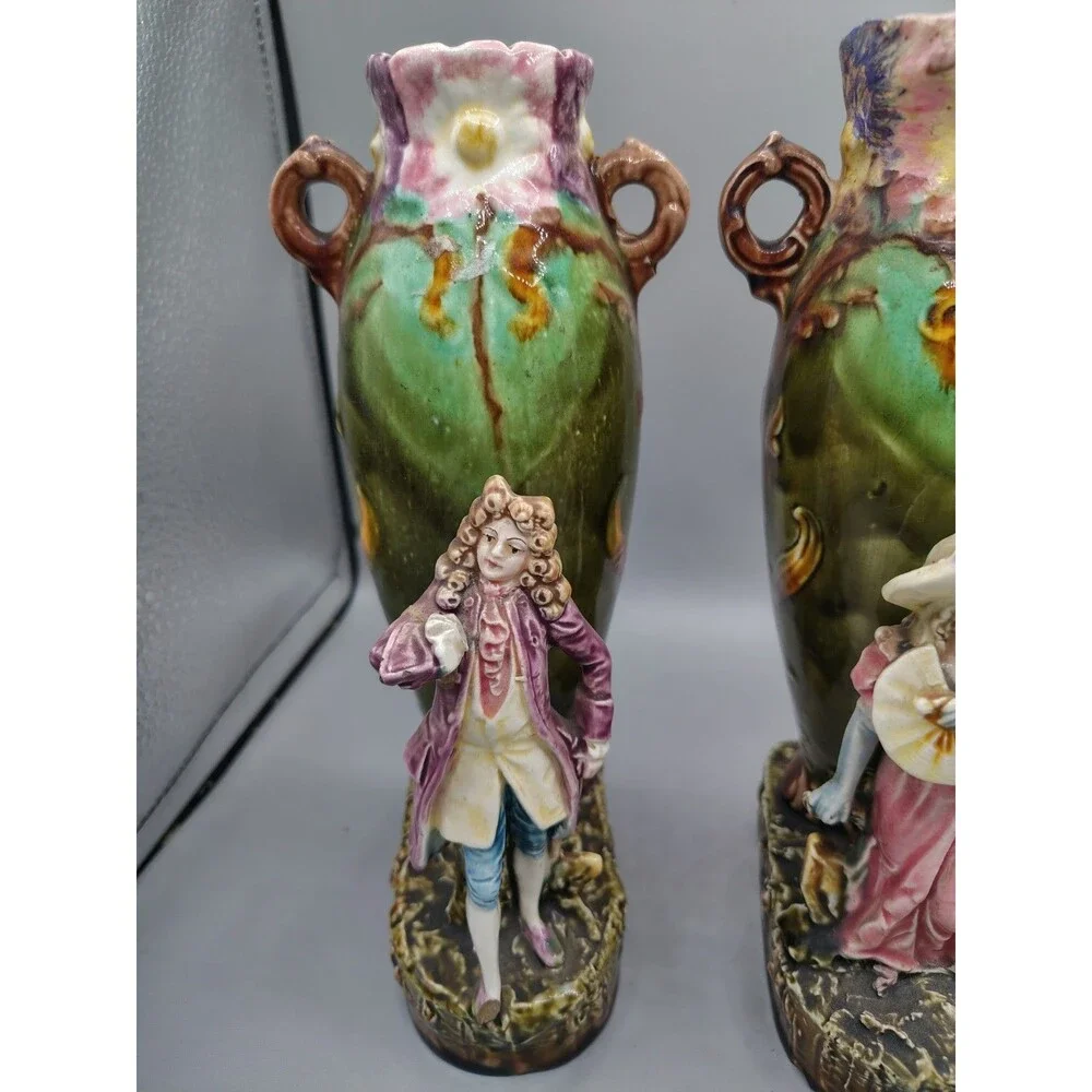 2-antique 1890's ~MAJOLICA old Victorian-era HAND-PAINTED vases. Ladies Arm Brok